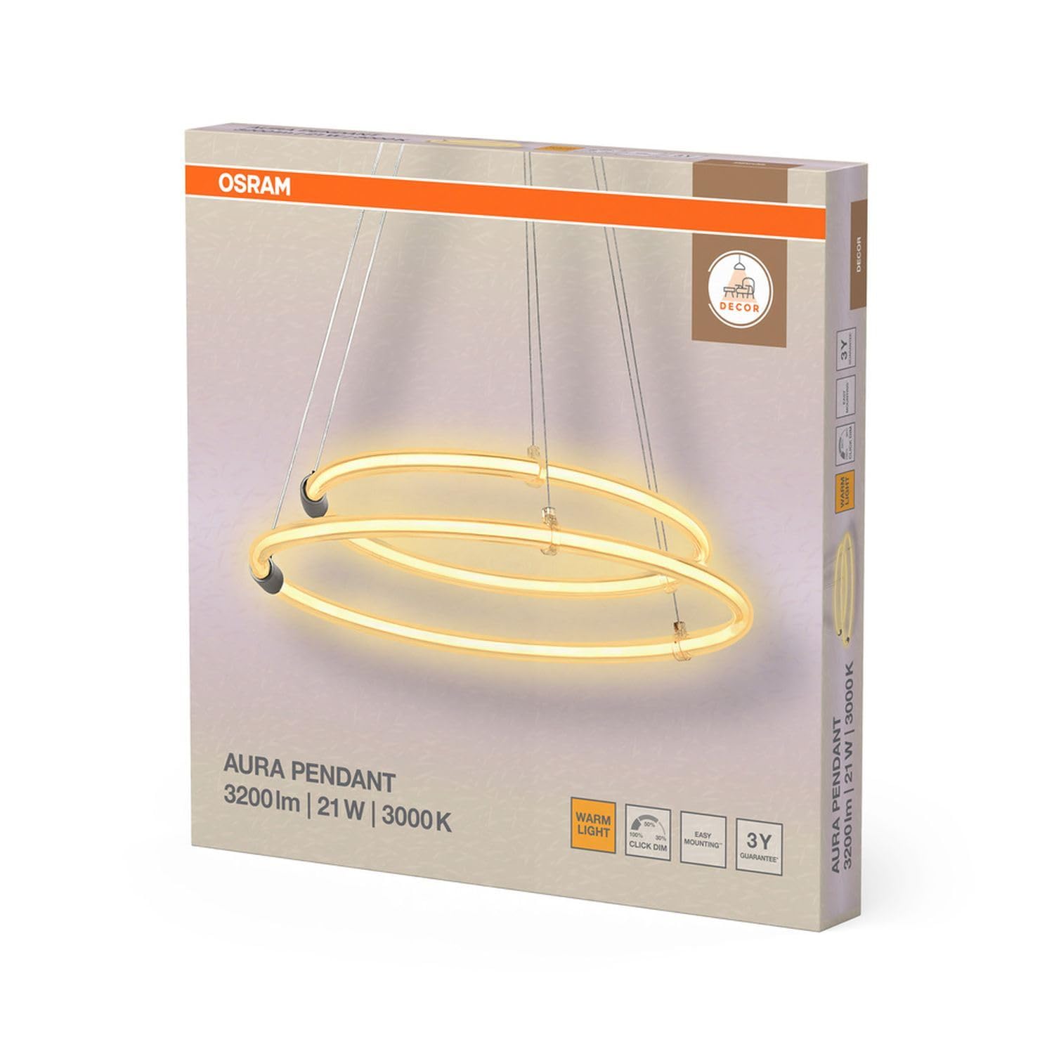 Osram Decor Aura - Lampada a sospensione a 2 luci, in policarbonato curvo con LED e filamento, 21 W, 2400 lm, 3000 K, 830 luce bianca calda, dimmerabile, grigio scuro, plastica (PC), 498 mm, IP20