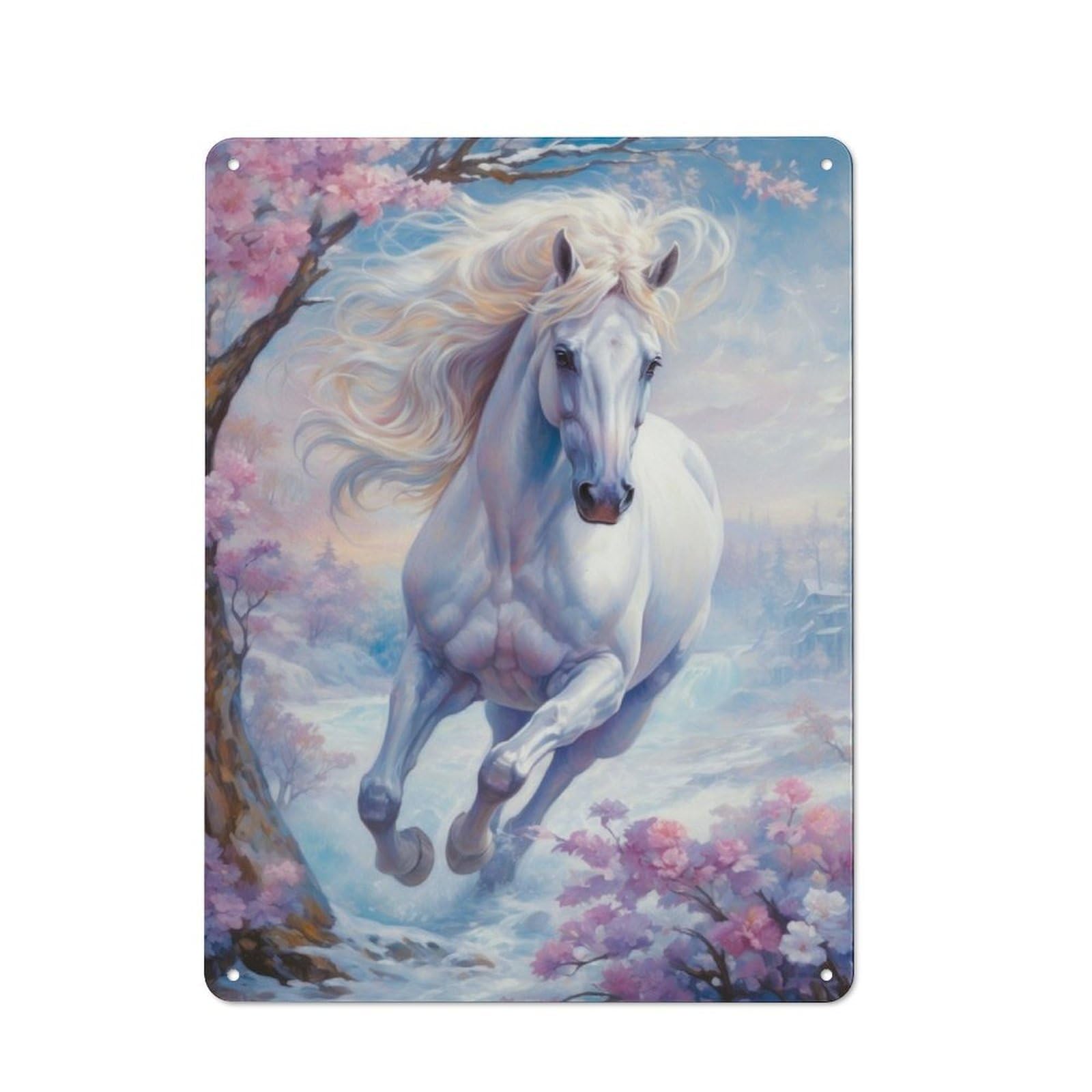 Junmoney Wild White Horse In Winter Printed Metal Sign, Clean Printed Wall Decor For City Themed Room, Study Or Gallery Wall, 40X30cm