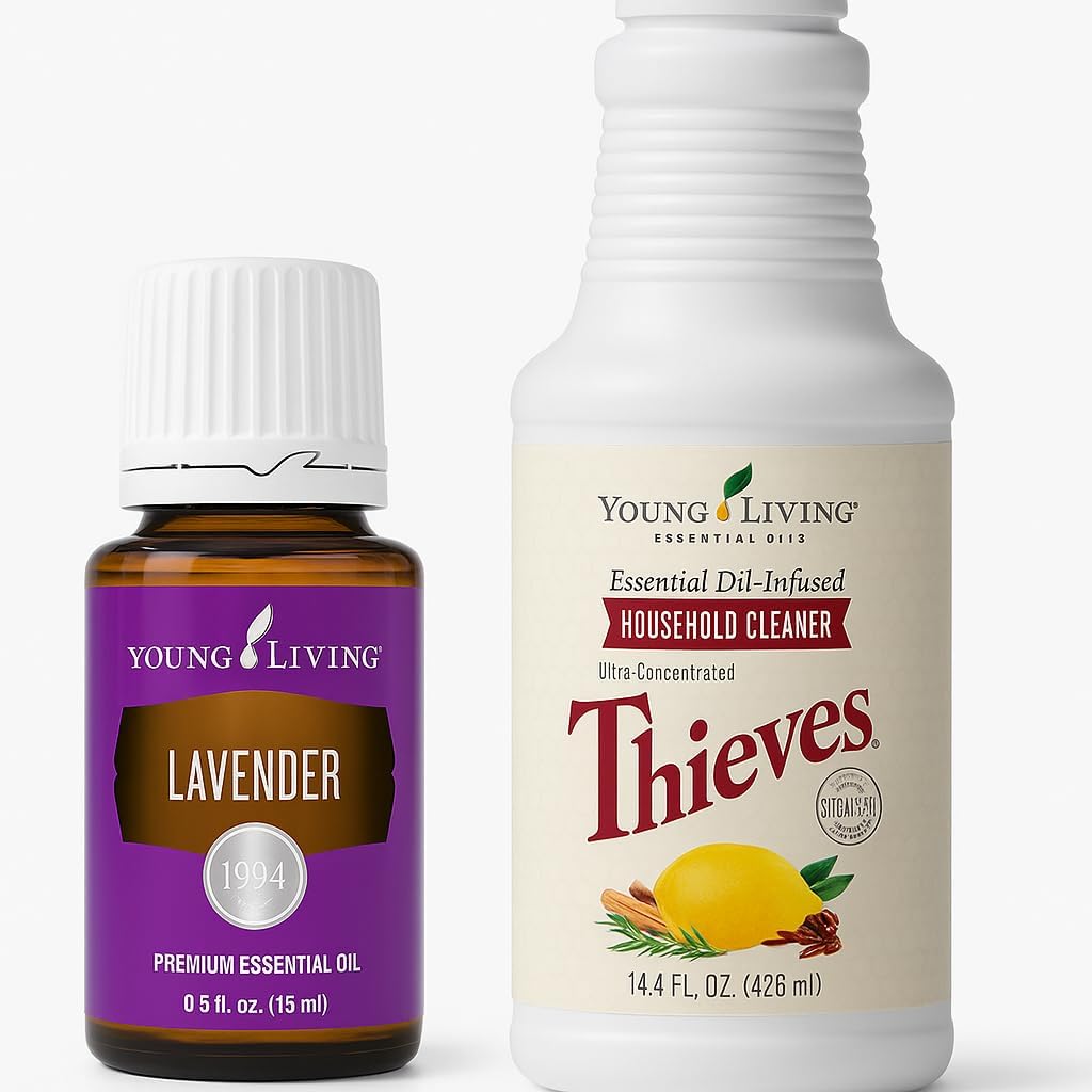 Young Living Thieves Household Cleaner 14.4 oz & Lavender Essential Oil 15ml Bundle – Plant-Based Cleaner & Relaxing Aromatic Blend for a Fresh, Calming Home