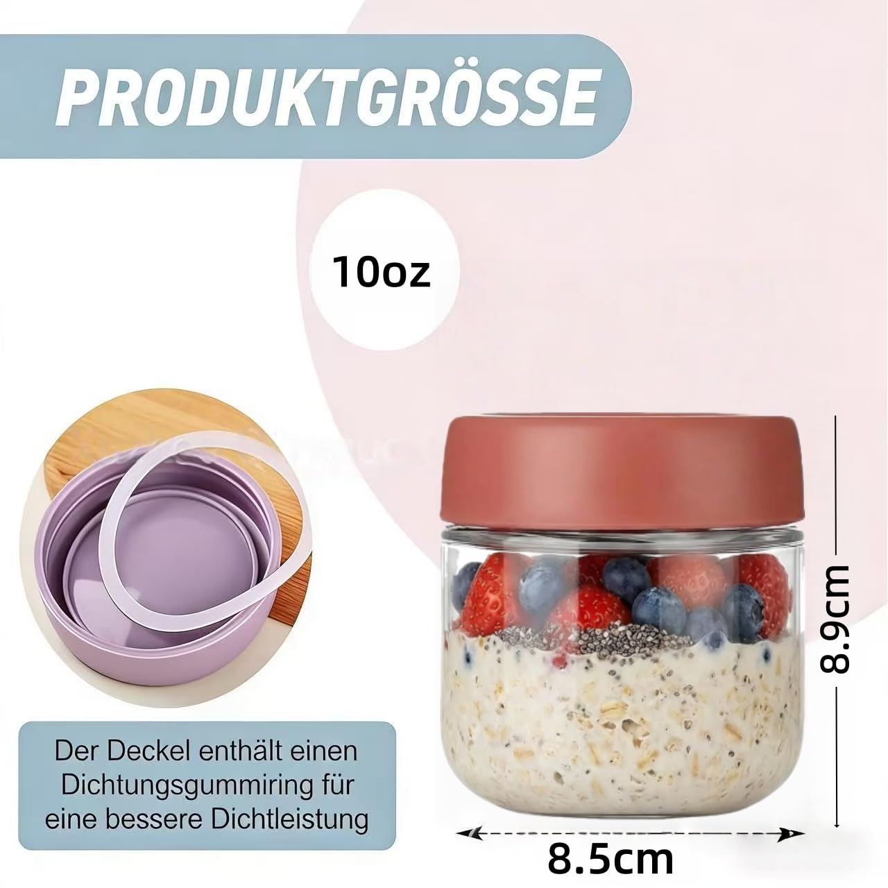 Overnight Oats Słoiki z pokrywką, 4 sztuki słoików na przetwory, wielokrotnego użytku, do domowej roboty dżemów, słoiki Mason Jar z łyżeczką, etykieta (wielokolorowe, 300 ml)