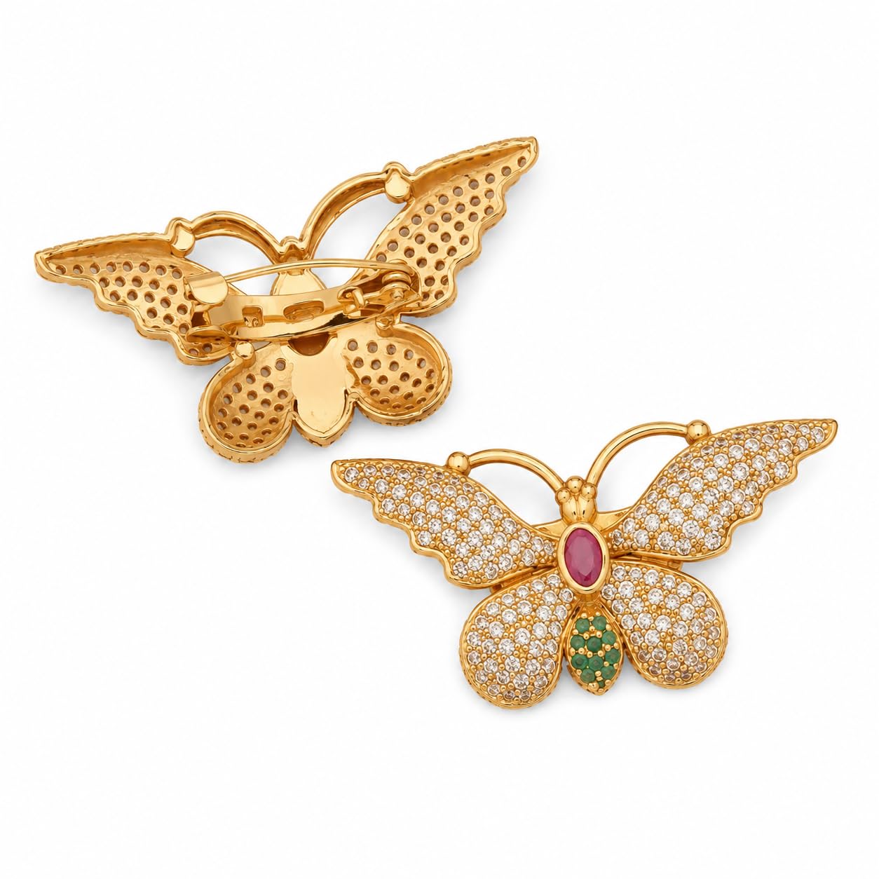 NKR GOLD Butterfly Brooch Saree Pin Cum Hair Pin for Women, Gold Plated AD Stone Designer Accessory for Bridal Wear, Wedding, Party, Dupatta and Shawl