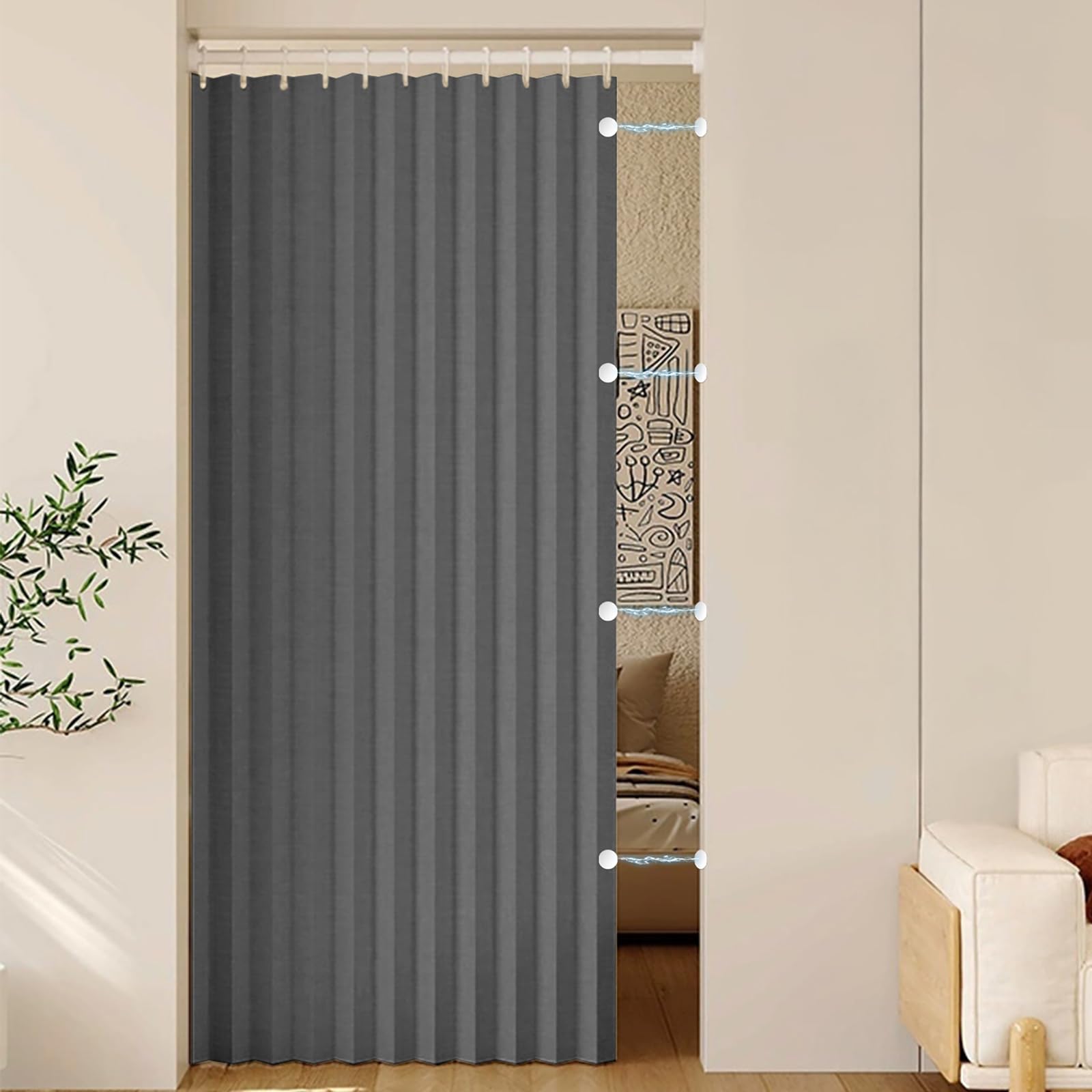 Rideau de porte magnétique gris pour séparation de cuisine et placard pliable