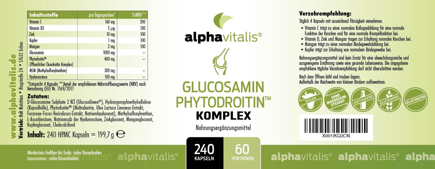 Glucosamin Kapseln + Phytodroitin® - 240 Stück - 1800mg veganer Komplex mit MSM, Hyaluronsäure, Vitamin C, D, Zink, Kupfer und Mangan ohne Magnesiumstearat