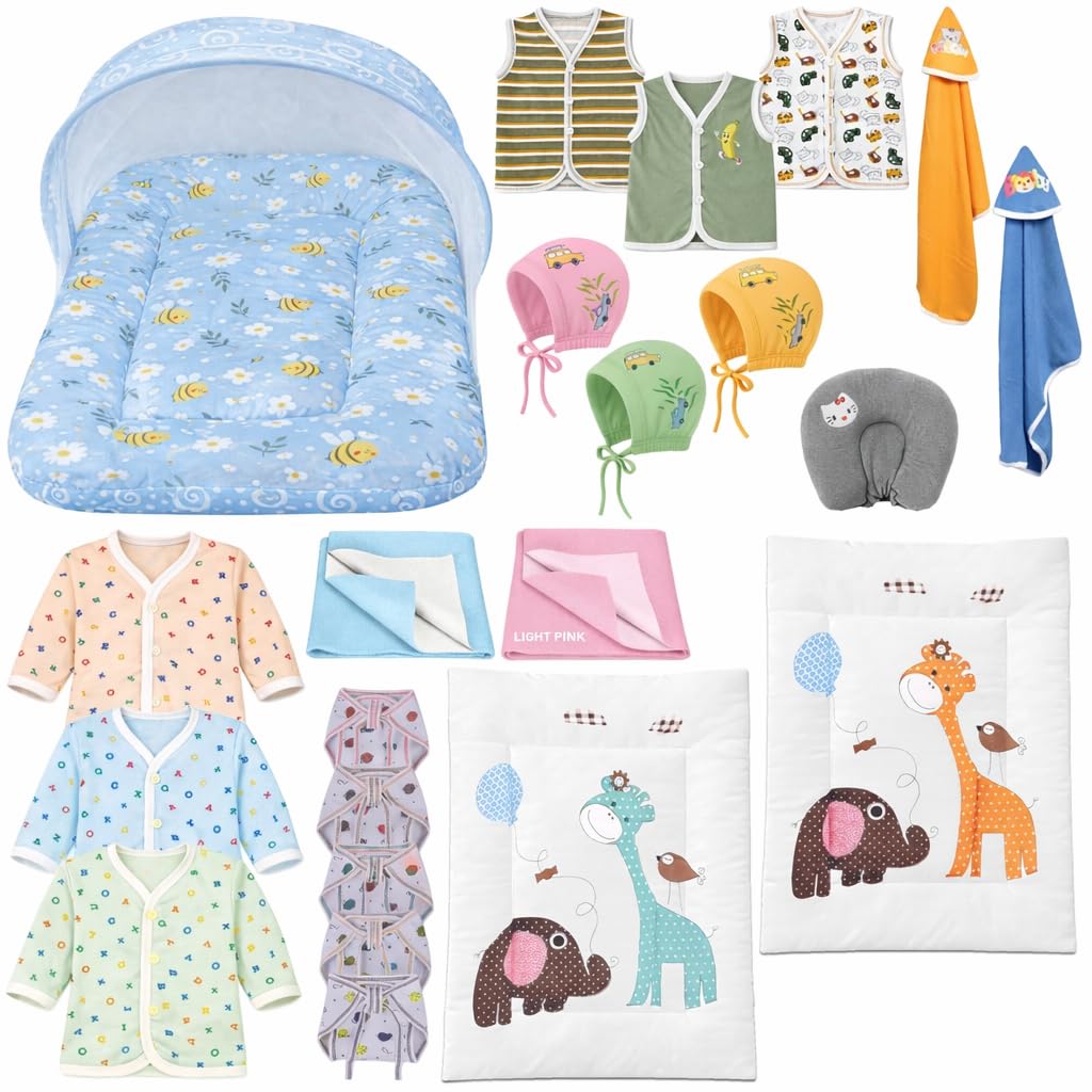 Kwitchy Newborn Baby Essentials Kit 22 Items Combo | New Born Baby Products All Set 0–6 Months | Cotton Newborn Clothes, Baby Bed & Bedding Kit (Blue)-picture-26