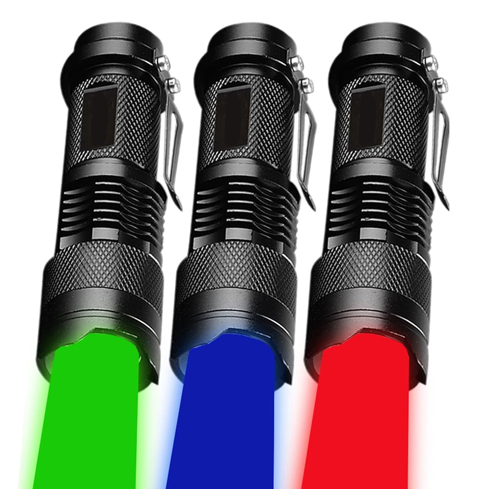 MVIOCS 3-Pack Upgraded RGB LED Flashlight, Zoomable, Waterproof Torch for Detector Aviation, Astronomy, Night Vision