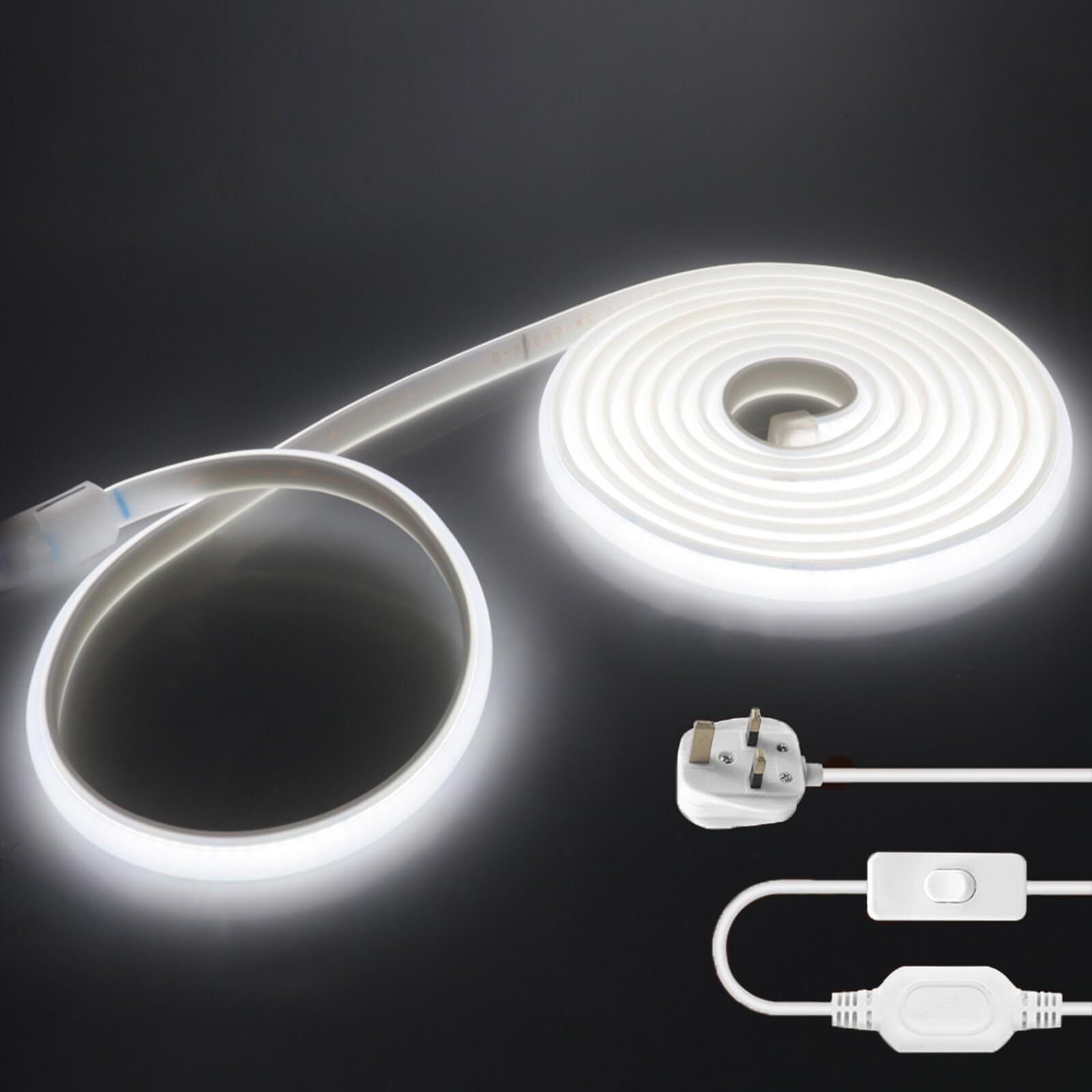 KAFULA 220V COB LED Neon Strip with On/Off Design [25M，White 6000-6500K], IP65 Waterproof Flexible, 288 LEDs/m FCOB LED Strip CRI85+, Cuttable Every 50cm, Home/Store Decorative Lighting
