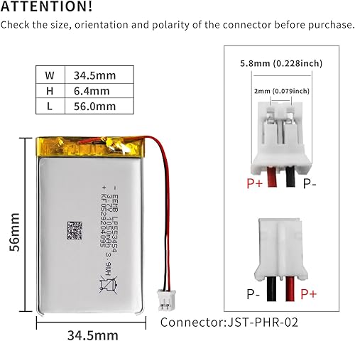 Miniatura 3 de EEMB Batería de polímero de litio 3.7V 1050mAh 553454 Lipo Batería recargable con conector JST de cable para altavoz y dispositivo inalámbrico