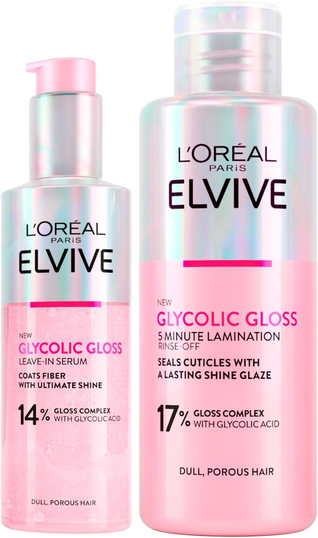 L'Oréal Paris Elvive Glycolic Gloss Glycolic Acid Hair Set with Leave-In Serum for Porous and Dull Hair Intense and Long-Lasting Shine 150ml + 5-Minute Lamination Treatment 200ml - 2 Bottles