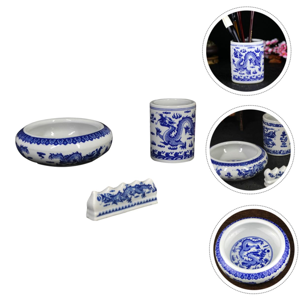 Ensemble Pot à Crayons Céramique Bleu et Blanc Petit, Bac à Laver Pinceaux Calligraphie Multifonction, Support Stylo Pinceau Cylindrique pour Bureau Artistique