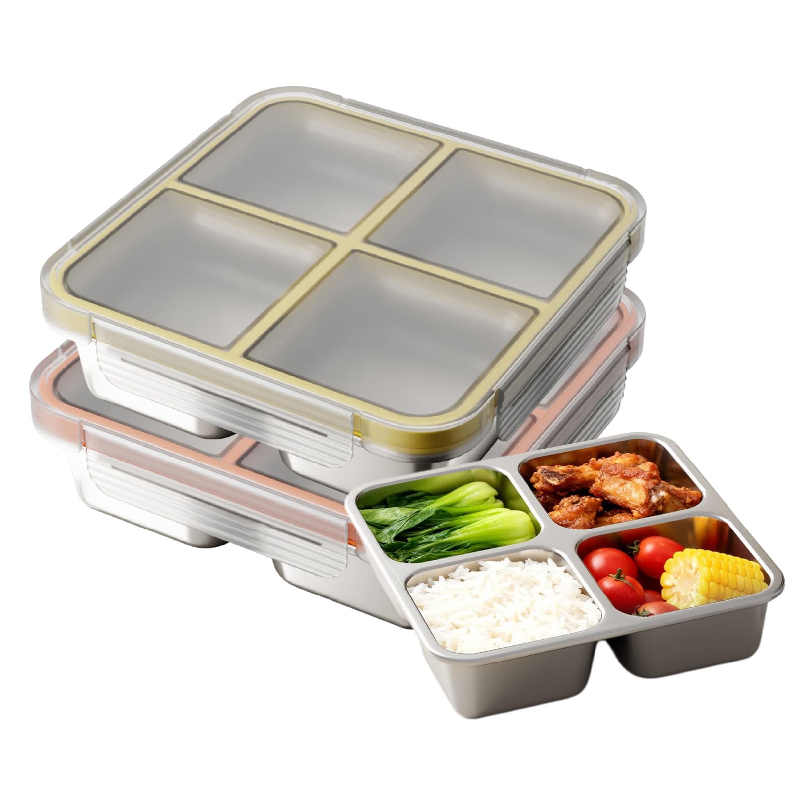 PORFOYO Set di 2 contenitori per alimenti per adulti con scomparti, in acciaio inox, 720 ml, suddivisi in quattro volte, contenitore per il pranzo in metallo, per adulti e bambini