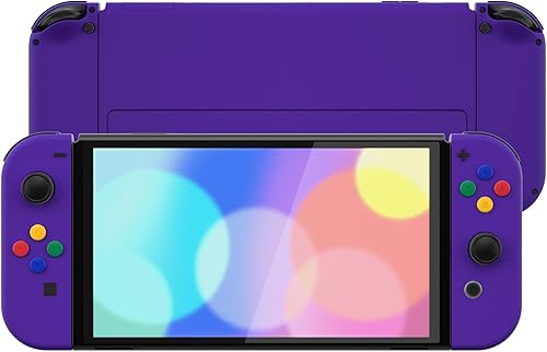 Miniatura 6 de eXtremeRate Juego completo de carcasa púrpura suave al tacto para Nintendo Switch OLED placa trasera de consola de repuesto y soporte de metal