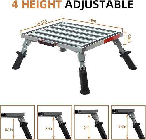 Miniatura 14 de Homeon Wheels Taburete para caravana, plataforma de aluminio ajustable con superficie antideslizante, escalón plegable con patas de goma, tira Gris