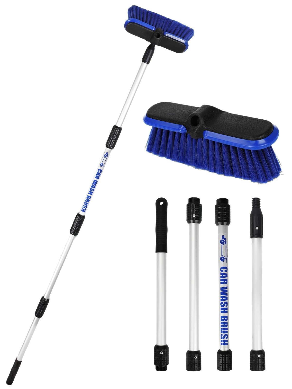 PBT Car Wash Brush with Long Handle 62"/156cm Telescoping Mop Pole 10" /25.4cm Larger Soft Bristle Head for RV Truck SUV Window Glass Tyres Boat Floor Deck House Siding Wall Snow Removal Cleaning Tool