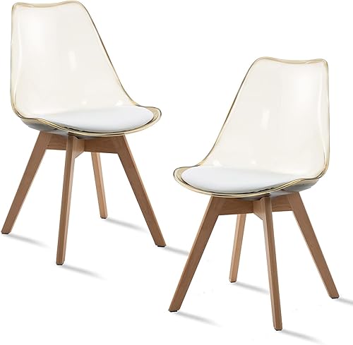 Juego de 2 sillas de comedor transparentes, modernas sillas de comedor de acrílico con cojines de piel sintética y patas de madera, sillas laterales