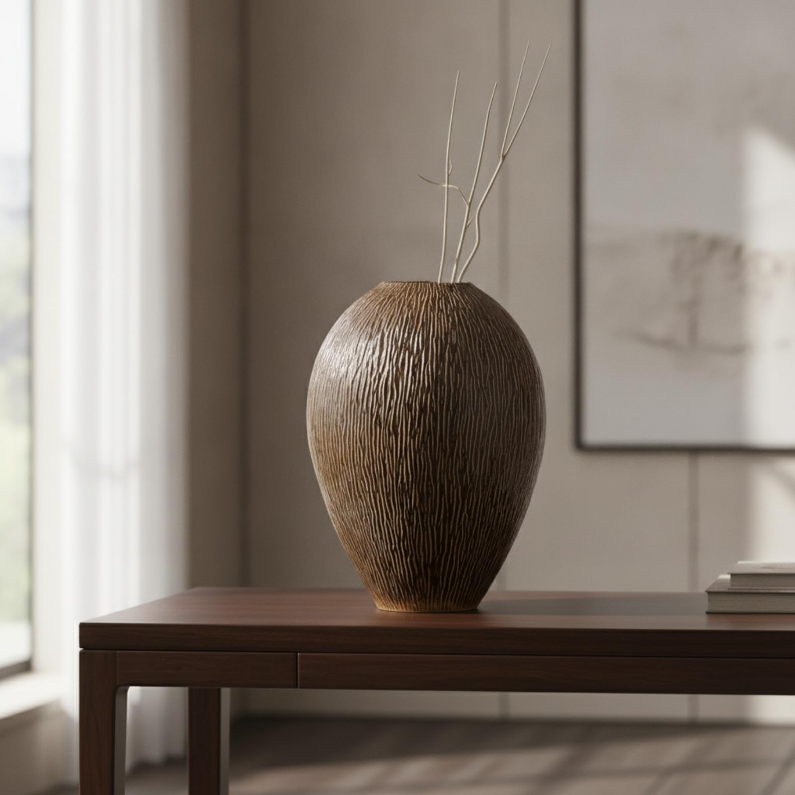 Jarrón de Cerámica Florero Botella Ornamento Superficie Estriada Hecha a Mano y Silueta con Cuello Estrecho Base Estable para Estanterías Recibidor, Blanco Grisáceo, 28.5 28.5 H40.5cm