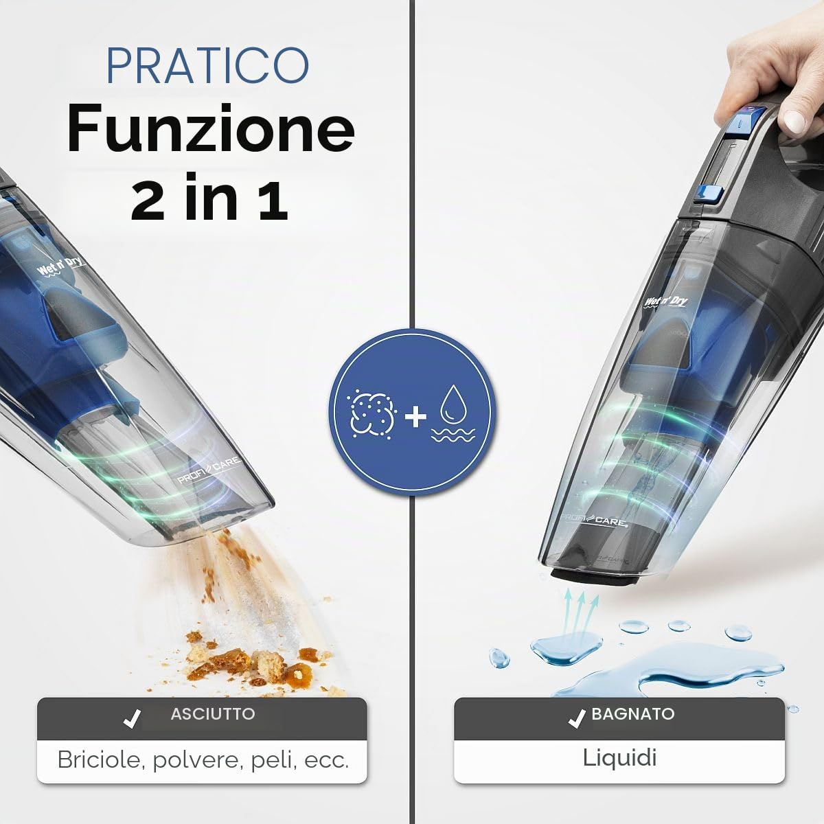 PROFI CARE PC-AKS 3034, 3034-Aspirapolvere, 2 in 1, per Bagnato e Secco in Uno, Adatto a Tutte Le superfici, Potente Batteria agli ioni di Litio da 14,8 V, Colore, Alluminio, Blu-Antracite