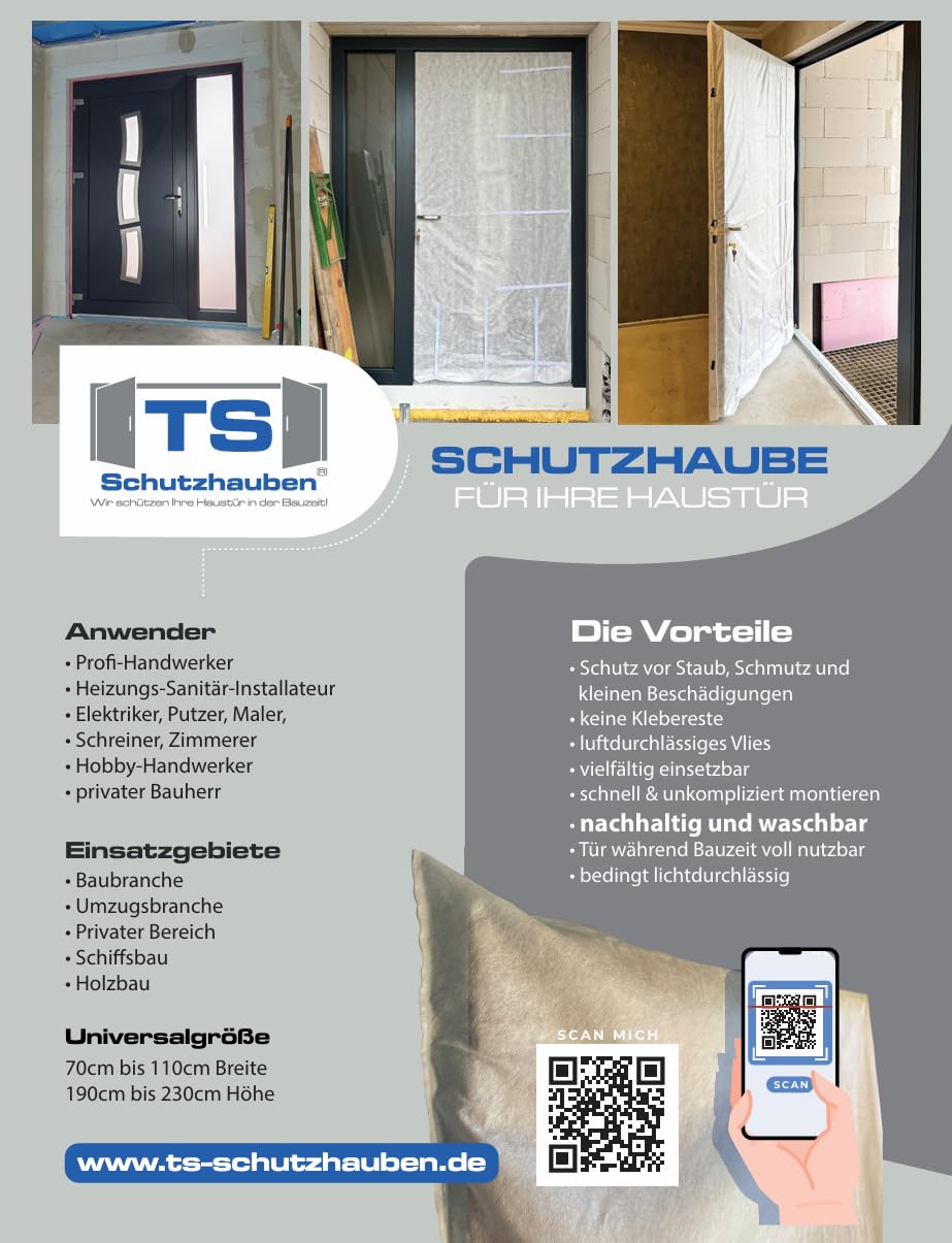 TS Schutzhaube für Haustüren - Wiederverwendbarer Türschutz Neubau/Baustellen - Abdeckfolie & Malervlies Eingangstür - Staubschutztür - Schutz vor Staub, Schmutz, Beschädigungen - Universal passend