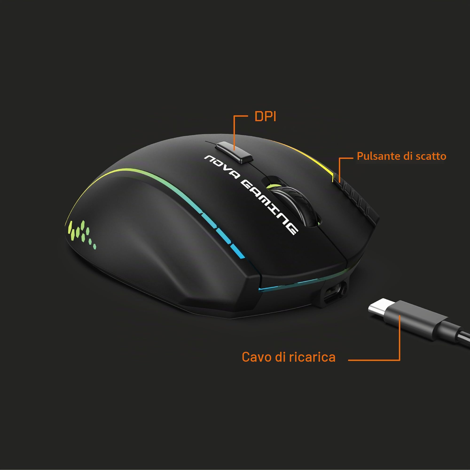 NOVA GAMING – PERSEE – Mouse Gaming Wireless RGB Programmabile – Software di personalizzazione, DPI regolabile, 9 animazioni LED, Mouse Ricaricabile