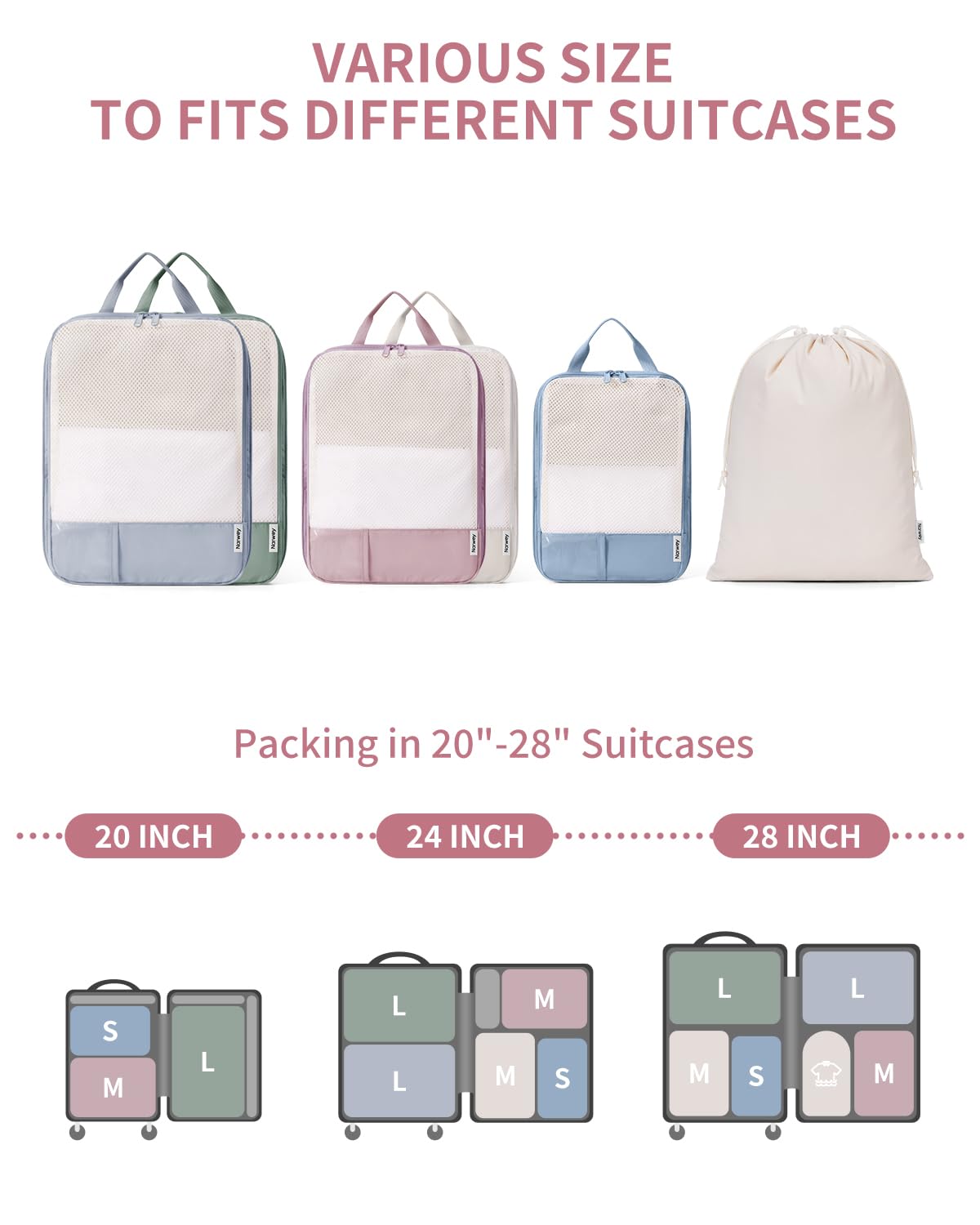Narwey Lot de 6 cubes d'emballage de compression pour valises, valises, sacs de rangement pour sac à dos, cubes d'emballage de voyage pour bagage à main, rangement à domicile, sacs à chaussures, sacs