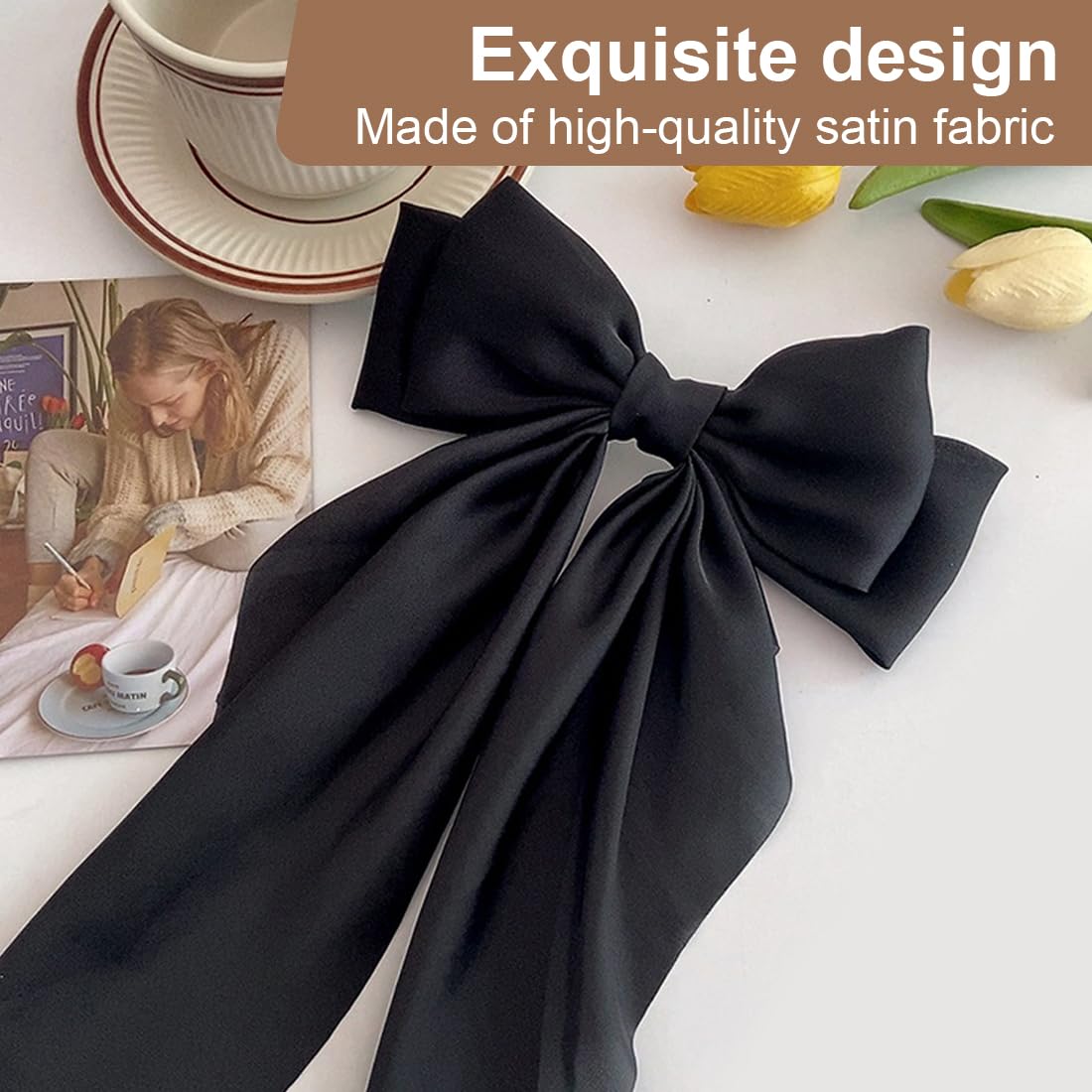 ZYBHMJE 2 Pcs Big Bow Hair Clips Solid Color Large Bowknot Hairpin Hair Clip with Long Silky Satin Tail Hair Barrettes Accessories for Girls Women Black+White - Image 3