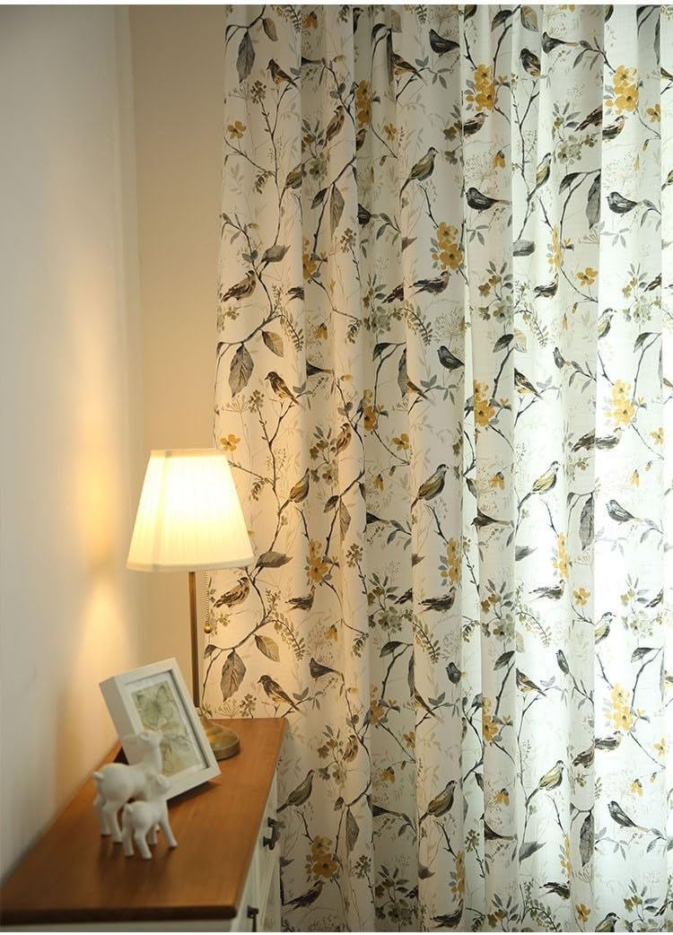 Cotton Linen Blend Bohemian Curtains Semi-Blackout Window Curtains 84 Inch 1 Pannels for Living Room, Floral Farmhouse Curtains for Bedroom White Curtains (Rod Pocket Curtains, 100"W x 84"L)