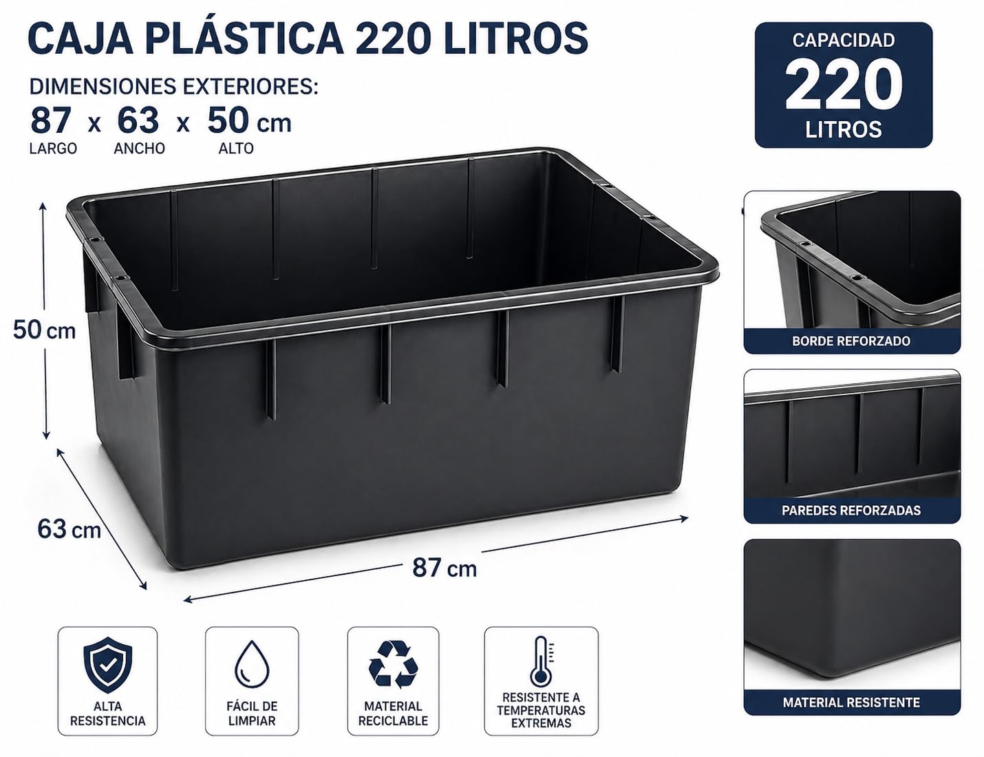 Cubeta de Almacenamiento 220L, Medidas Exteriores 87 x 63 x 52 cm, Ideal para Almacenamiento, Transporte y Organización