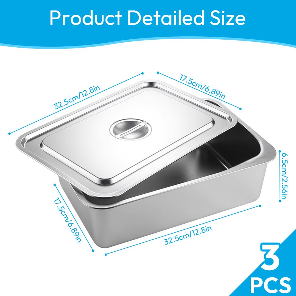 Juego de 3 cuencos para alimentos de acero inoxidable con tapa, 32,5 x 17,5 x 6,5 cm, recipiente GN 1/3, para comida caliente y fría, sartén de hotel