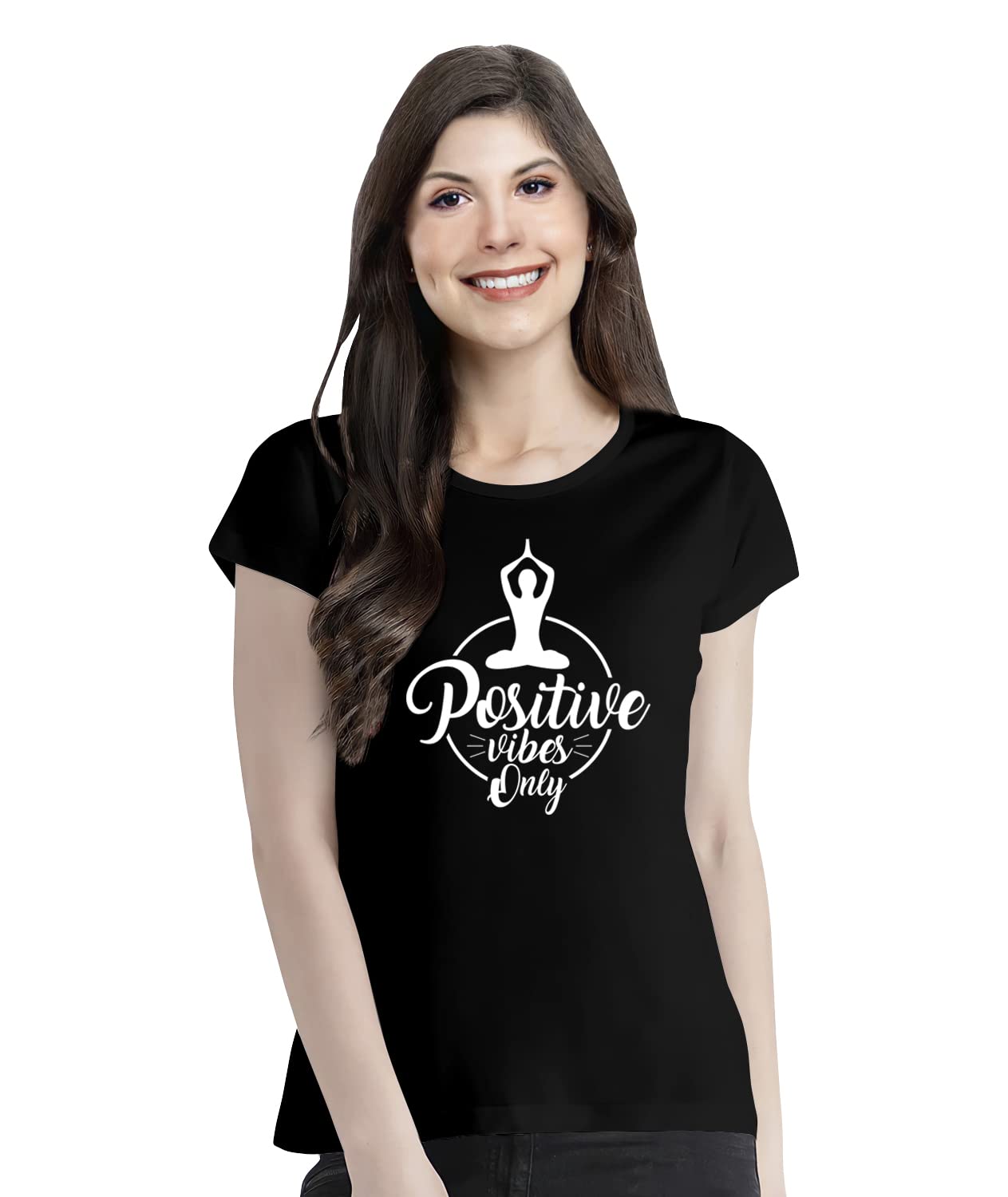 PoopluWomen's Regular Fit Positive Vibes Only Cotton Graphic Printed Round Neck Half Sleeves Multicolour Yoga T Shirt. Yoga, Pootlu, Gym, Exercise.