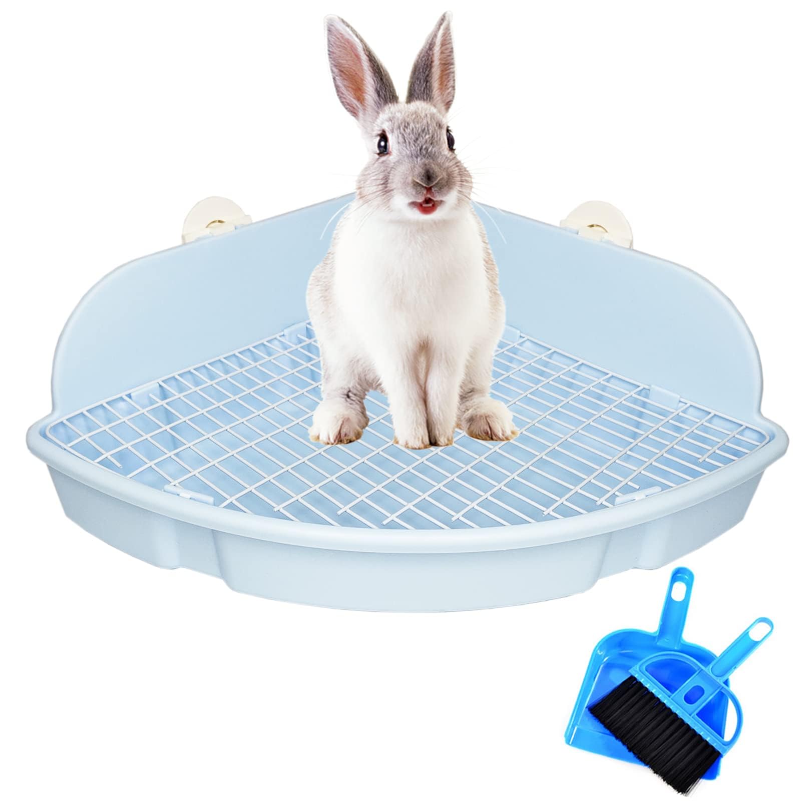 PINVNBY Extra Large Corner Litter Box for Rabbits, Guinea Pigs, Ferrets | 18.3" Fan-Shaped Potty Trainer with Anti-Spill Guard, Durable Plastic & Cage Clips | Easy-Clean Small Animal Toilet Pan (Blue)