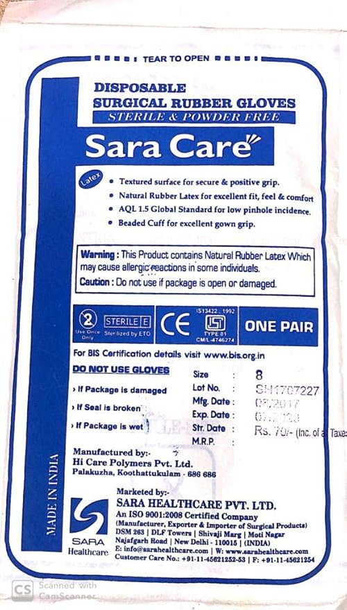 Sara+Care" Sterile Surgical Gloves (ISI Mark) (Powder Free) Amazon.in