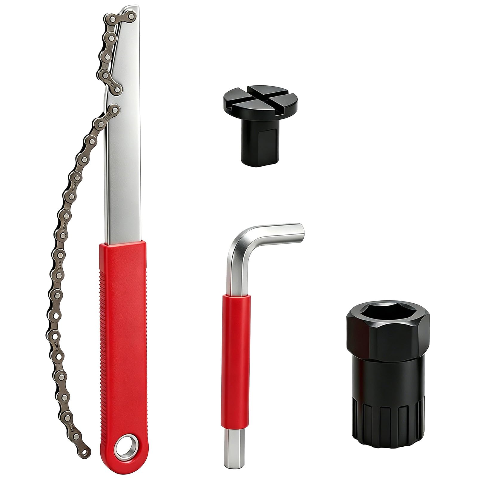 Bike Cassette Removal Tool Kit with Chain Whip, Red Auxiliary Wrench, Freewheel Lockring Remover and Square Cap Allen Wrench, Bicycle Sprocket Removal Tools for 7 8 9 10 11 12 Speed