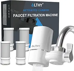 ALTHY T1 Purificador de Água para Torneira, Filtro de Torneira Fibra de Carbono Ativado, sem BPA, Remove Cloro, Metais Pesados ​​e Gosto ruim (4 Filtros Incluídos)