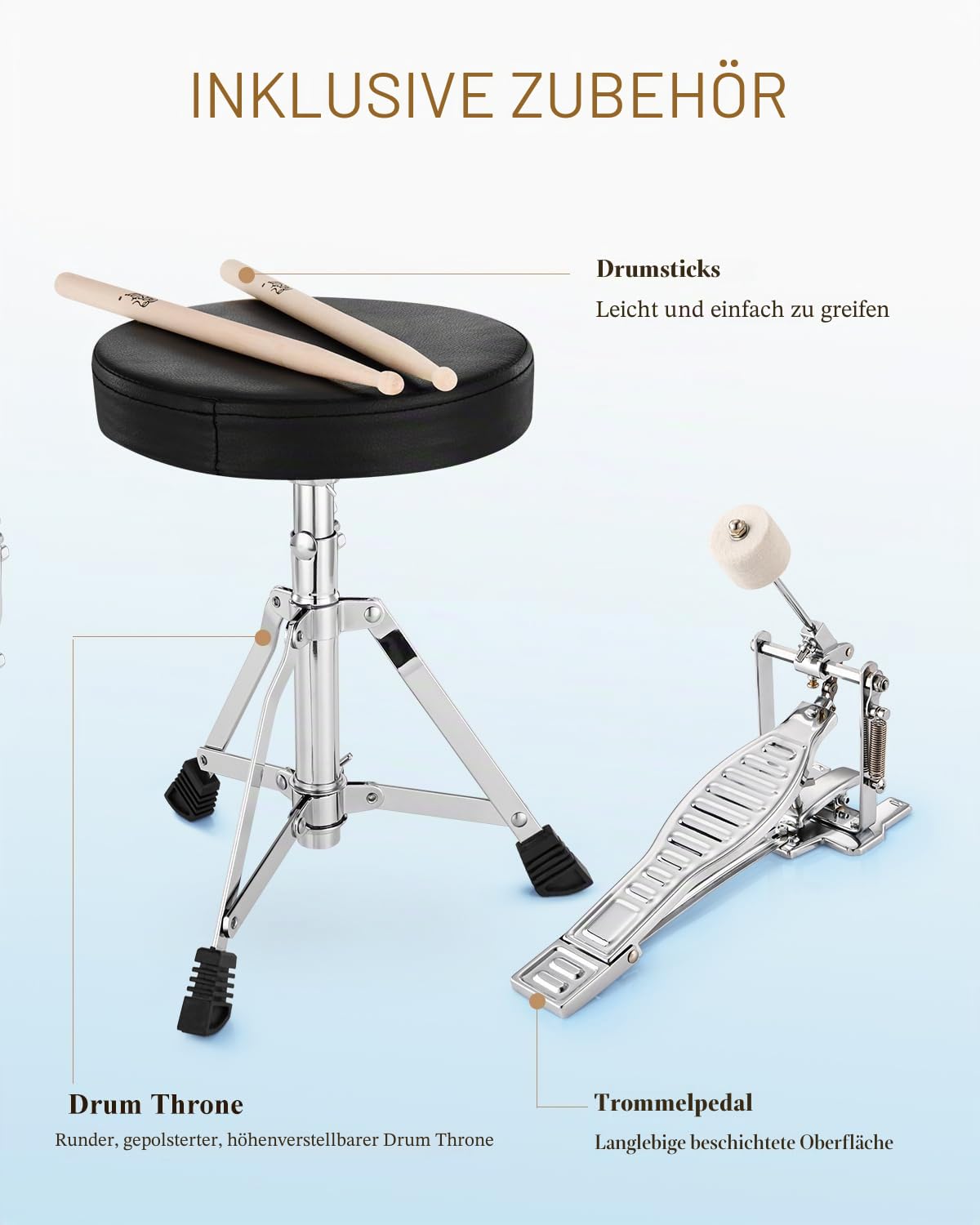 Eastar Schlagzeug 14" 3 PC, für 3-10 Jahre Kinde, Schlagzeug Set mit Snare, Tom, Bass Drum, Bass Drum Pedal, Thron, Becken, Drumsticks, Himmelblau