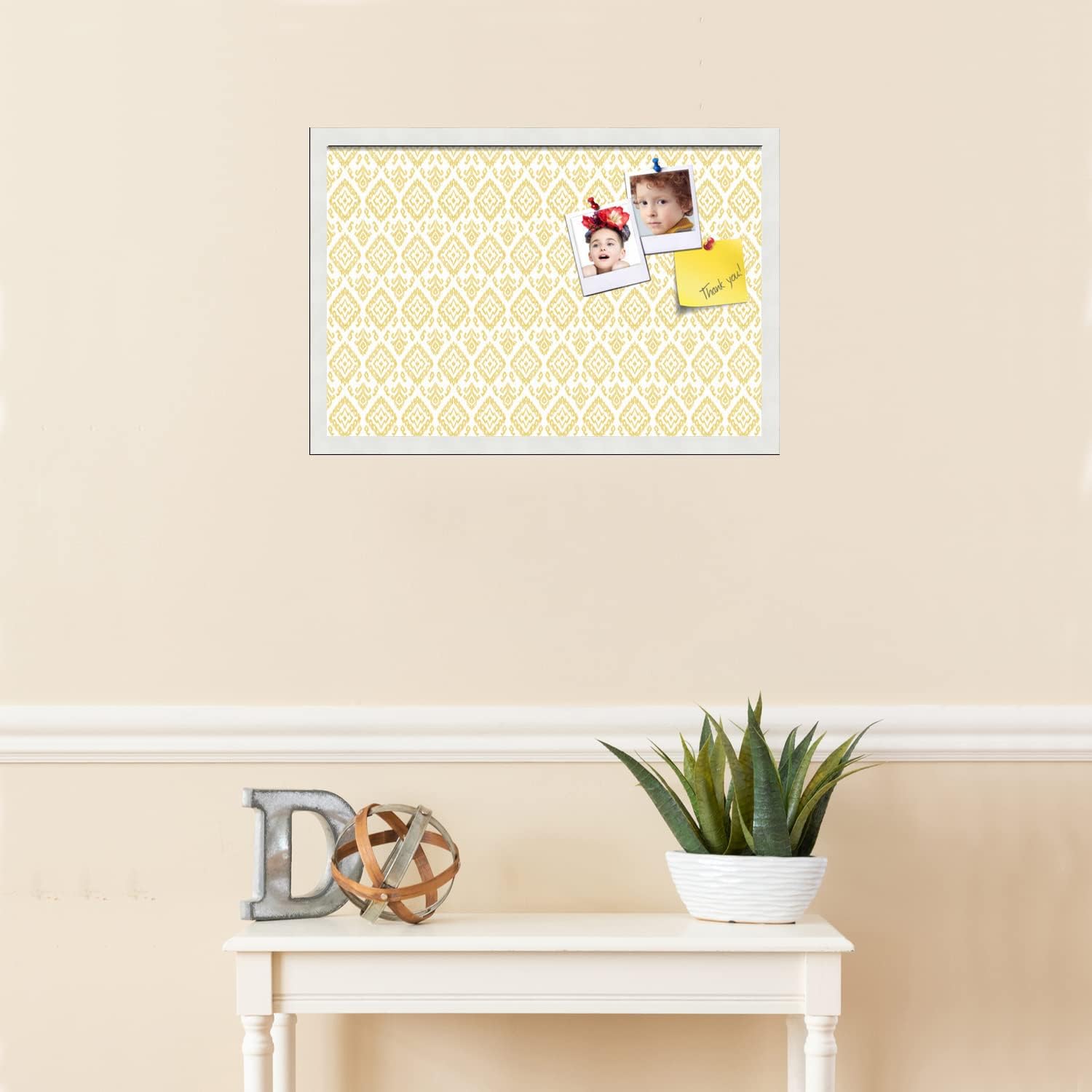 PinPix 24x16 inch Cork Bulletin Board. This Decorative Framed Pin Board Comes with Ikat Vintage Gold Design and Satin White Frame. Ideal for Home, Office Decor or School (PinPix-1598)