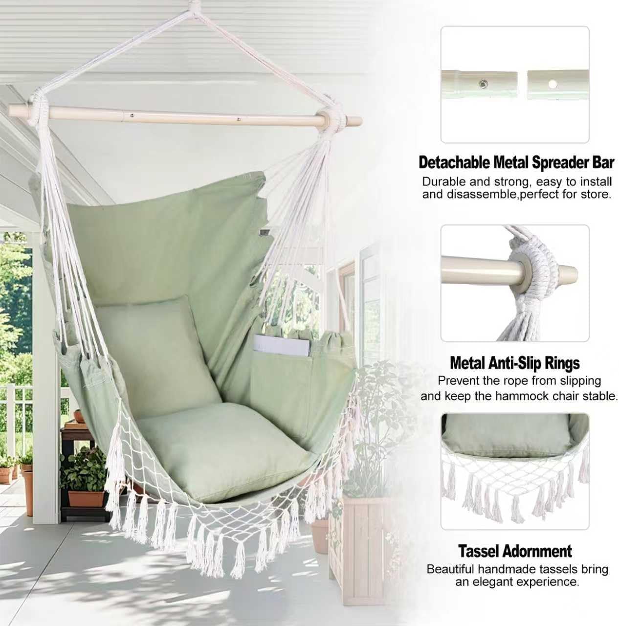 Hammock Chair Hanging Rope Swing Chair,Max 450 Lbs, Large Hanging Chair with Pocket, 2 Cushions, Steel Bar with Anti-Slip Rings, Hardware Kit Included, Comfortable for Indoor Outdoor (Green)