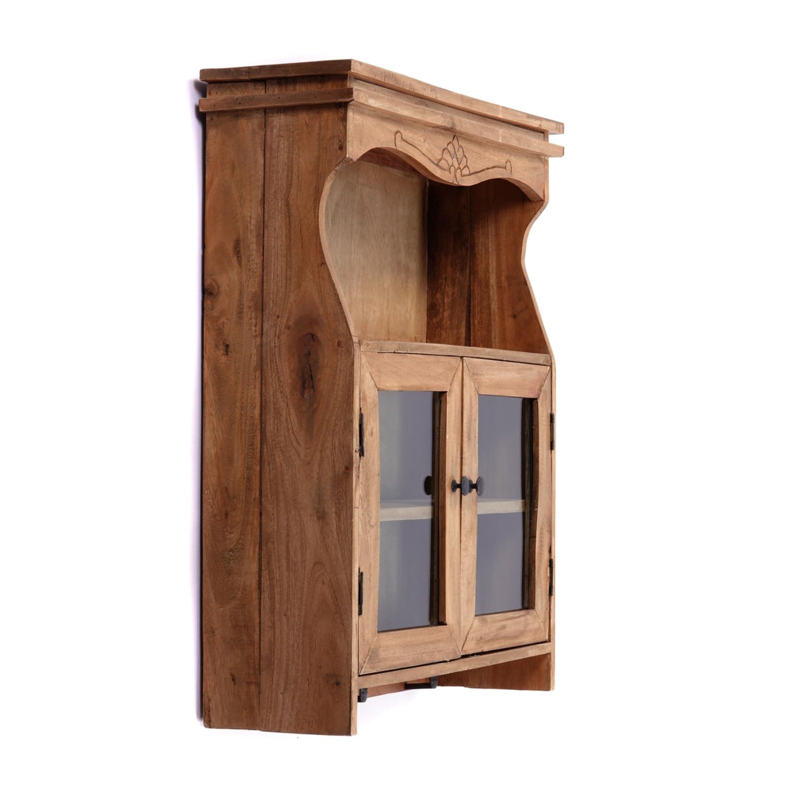 DESIGN DELIGHTS Naturalna szafka ścienna Ribera | drewno mahoniowe, szklane drzwi, 73 cm, z rzeźbami | szafka wisząca, regał kuchenny z haczykami, szafka drewniana, regał ścienny z grawerunkiem