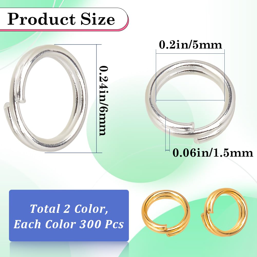 SOFPLATE 1 Box 600Pcs 6mm Double Loop Split Ring Jump Rings Bulk Gold Silver Small Metal Round Brass Key Chain Rings Connectors for Jewelry Making Supplies DIY Necklace Bracelet Earrings Keychain