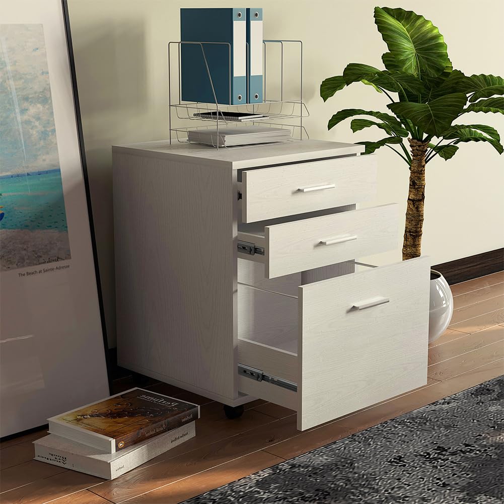 BAKAJI Cassettiera Mobile Scrivania Mobiletto Porta Stampante in Legno MDF con 3 Cassetti e 4 Ruote Girevoli Design Moderno Arredamento Casa Ufficio Dimensione 46,5 x 45 x 64 cm (Bianco Frassinato)