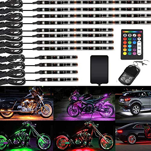 Kingshowstar 12 PC Advanced Universal Motorcycle Underglow Multicolor neon accent Atmosphere Light Kit with Wireless remote controller