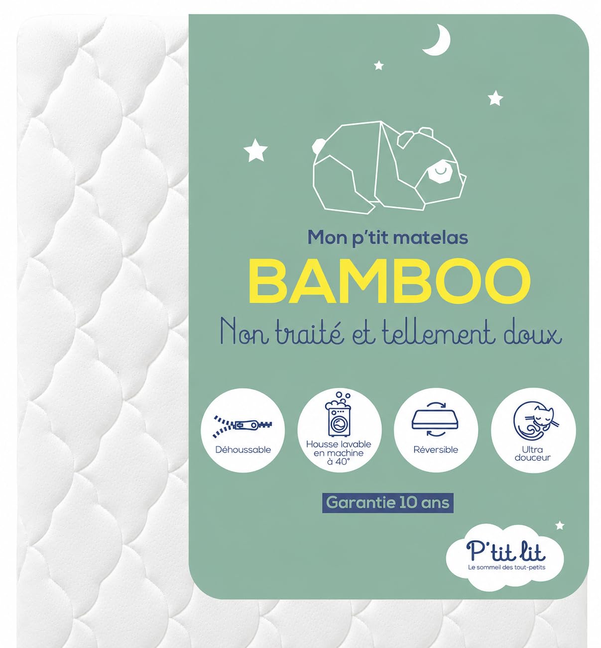 P'TIT LIT - Matelas Bébé Bamboo - 60x120 cm - Viscose Douce et Absorbante - sans Traitement Chimique - Déhoussable - Oeko Tex® - Fabrication Française