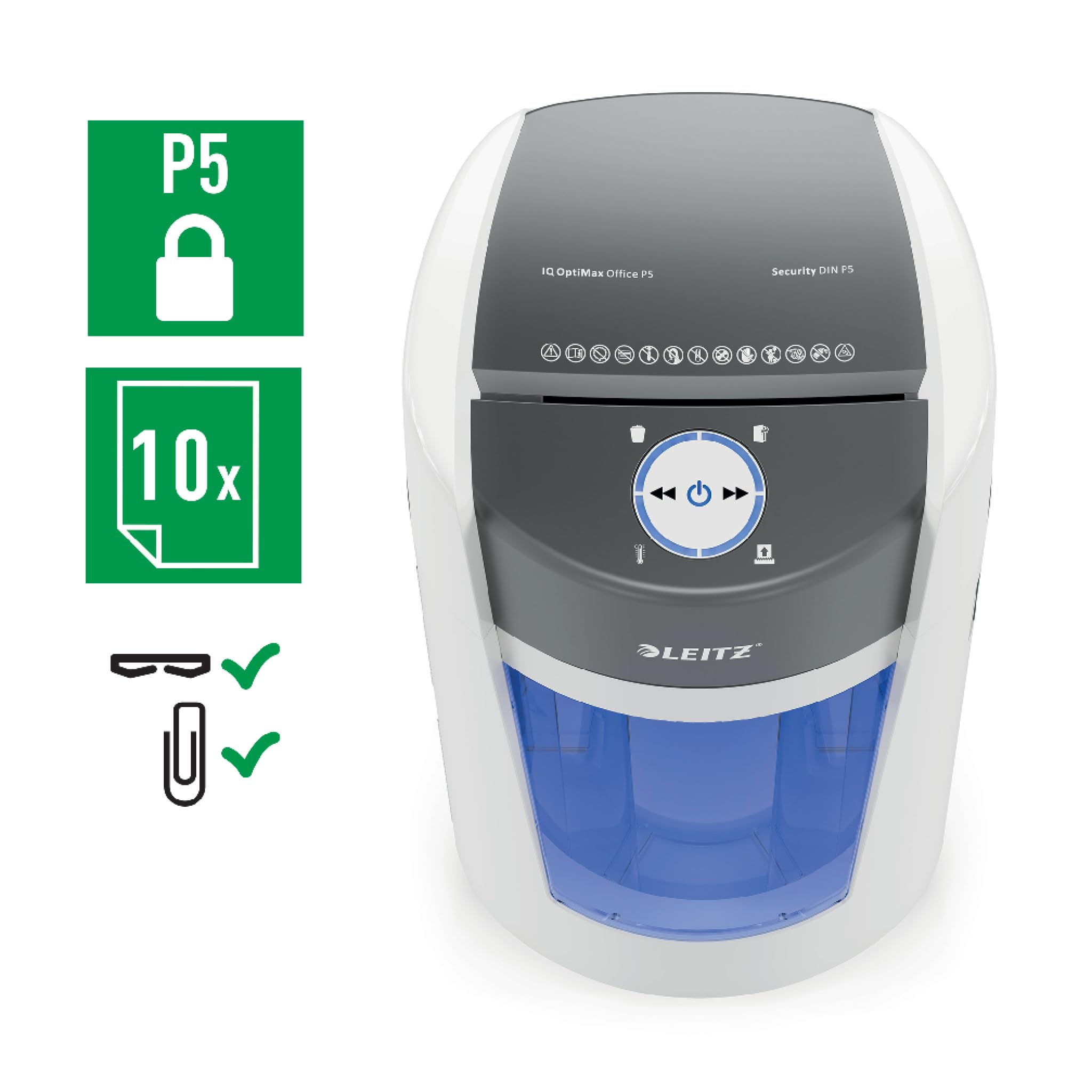 Leitz IQ OptiMax Office P5 Distruggidocumenti Professionale a Taglio Micro, Distrugge 12-10 Fogli, Tecnologia di Rotazione del Cestino e capacità extra del 33%, Silenzioso, Cestino da 35 L, 83600000