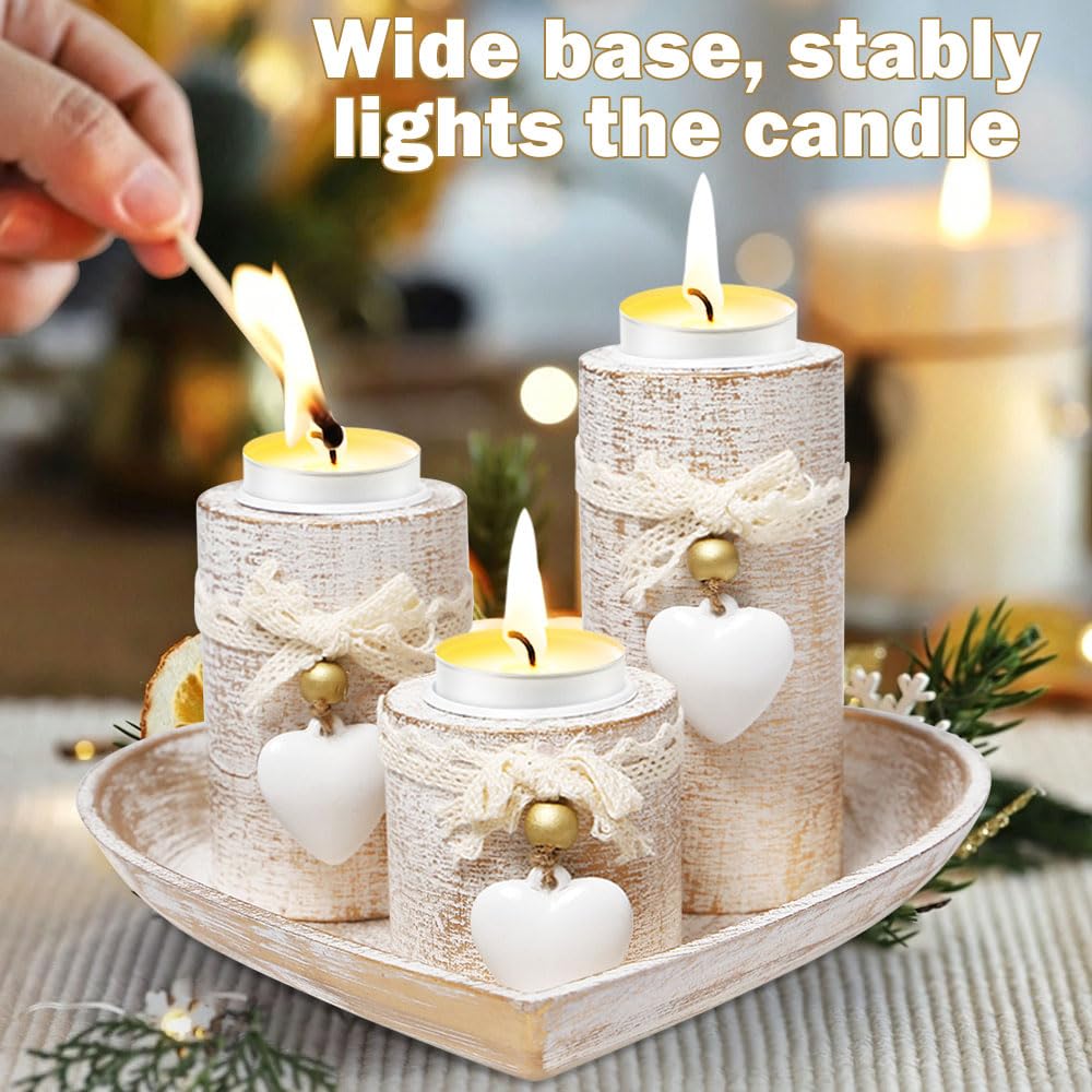 Set di 3 Portacandele in Legno con Vassoio a Cuore e Campana Spegnicandela Candelabri decorativi per Tealights per Compleanni,Matrimoni,Cene Romantiche,Natale e Decorazioni da Tavolo