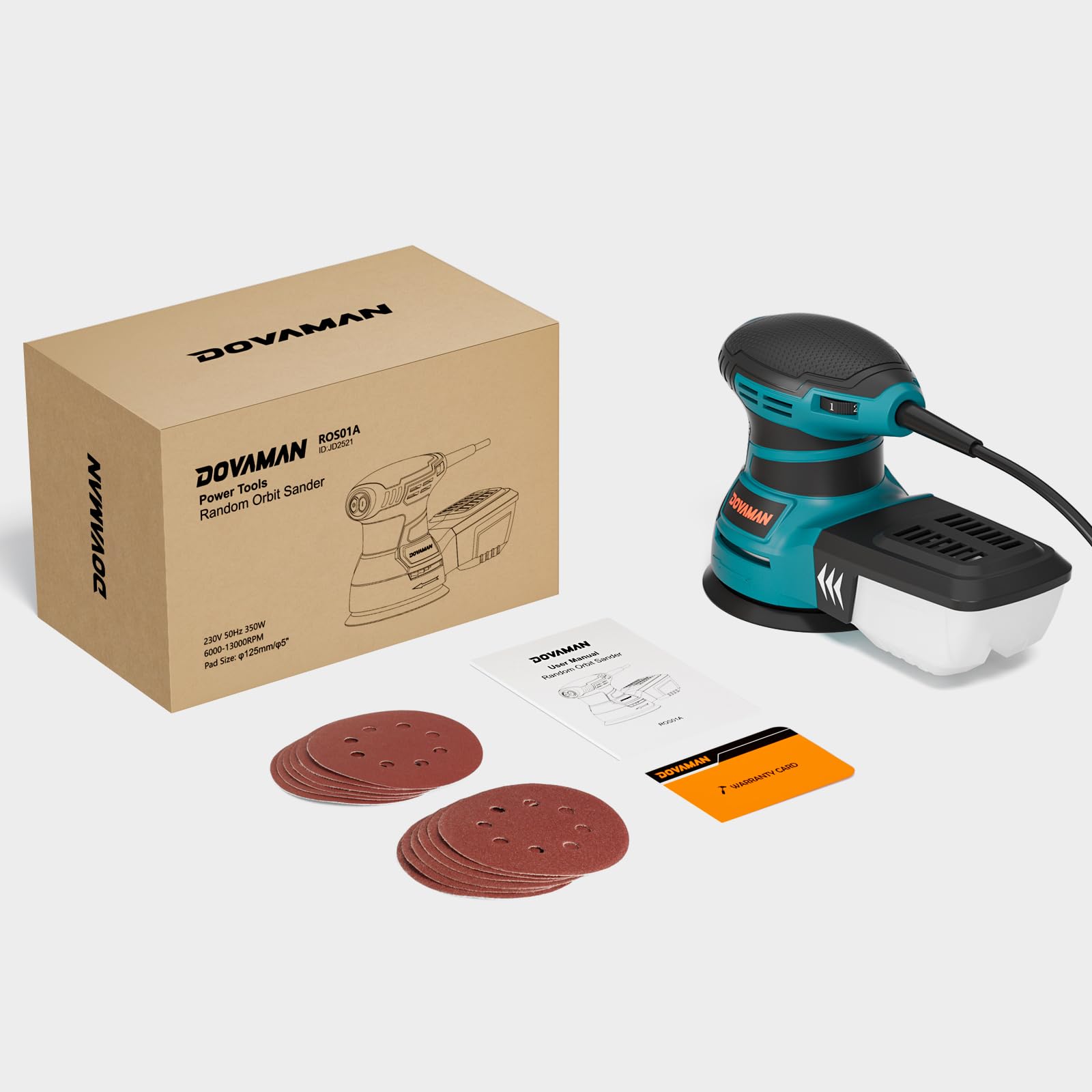 DOVAMAN ROS01A Ponceuse Orbitale, 350W Ponceuse Excentrique, 6 Vitesses, 13000 tr/min, Papier Abrasif 12 Pièces, Patin de Ponçage 125mm, Collecteur de Poussière, pour Surfaces en Bois et Acier -Orange