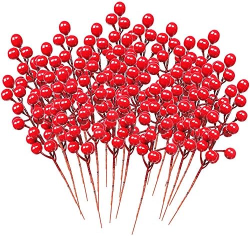 DR.DUDU 48 Pack Red Berry Stems for Christmas Tree Decor, 8 Inch