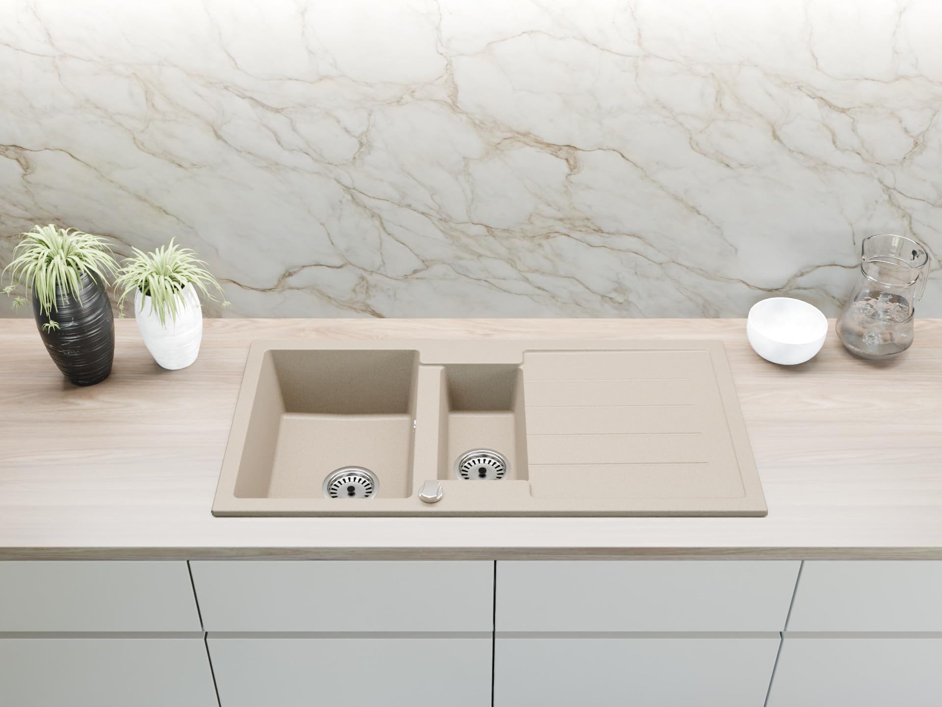 Faizee Home | Spülbecken Beige 100x50 cm aus Granit – Modell Napoli mit 1,5 Becken & Abtropffläche | Beidseitig montierbare Einbauspüle | Küchenspüle inkl. Siphon-Set