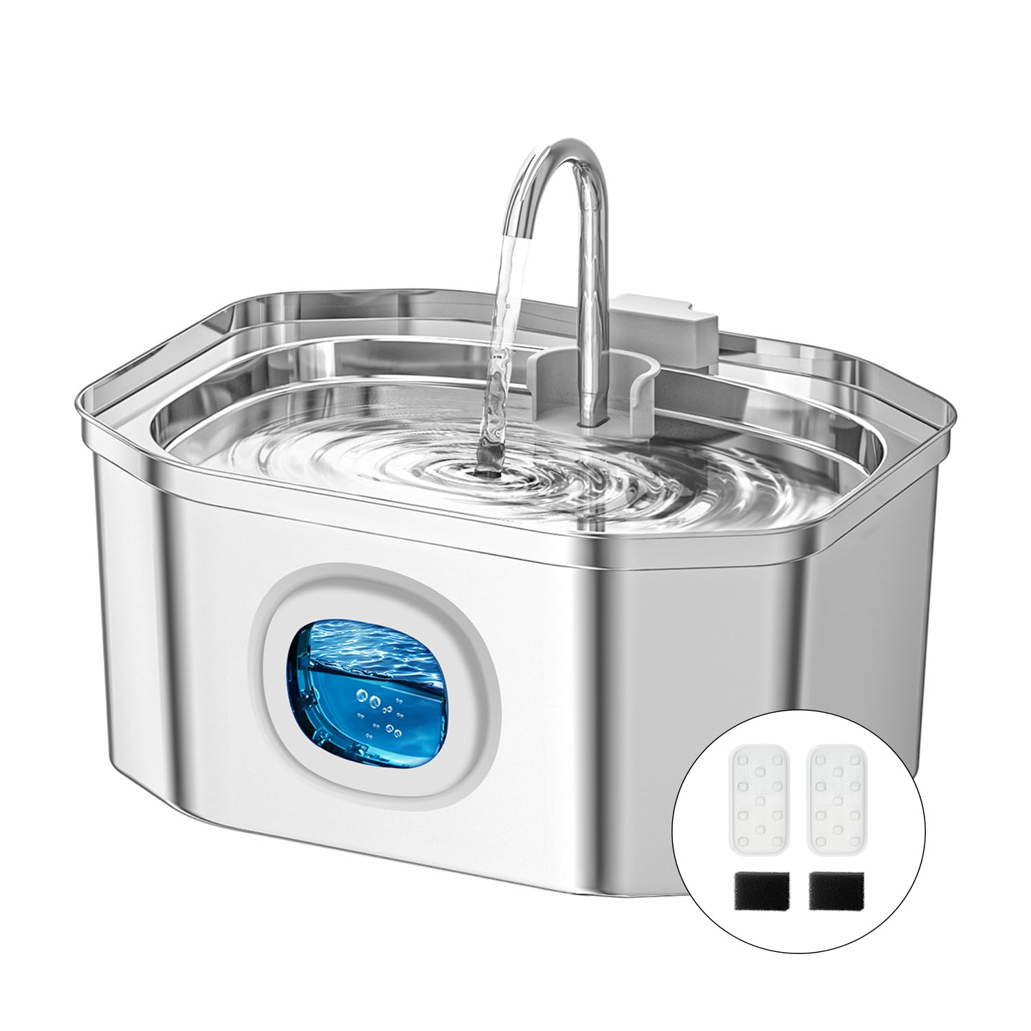 Fontanella per gatti,Apauk 3.2L fontanella per gatti acciaio Inox, fontana per Cani piccoli,Ultra silenziosa,con finestra LED, Sistema di filtraggio multistrato (S con 2 filtri & 2 spugne)