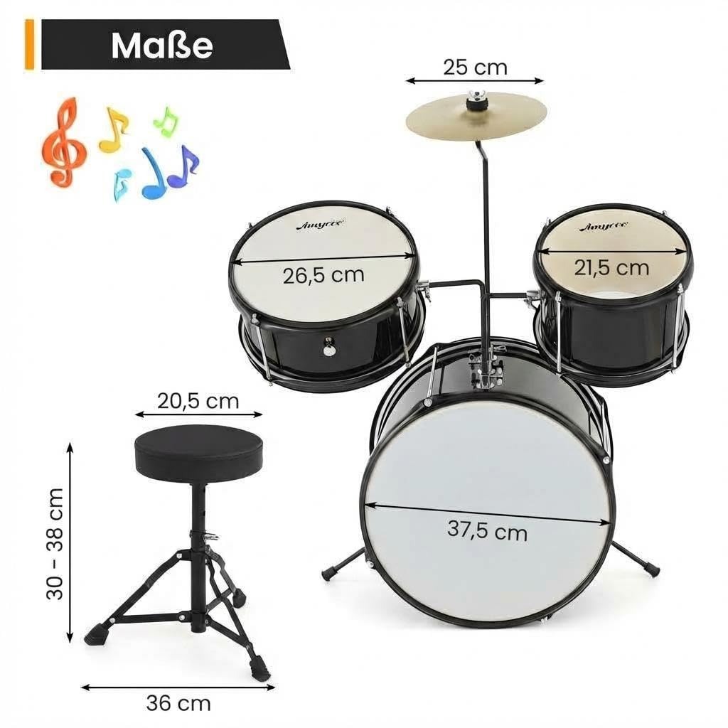 Garvee Kinder Schlagzeug Set 3-teilig – Komplettes Junior Percussion Kit aus Holz/Metall mit Bassdrum, 2 Marken-Markenfreie Schuhe Schuhe, 8" Becken, Hocker, Sticks & Basspedal – Perfekt für