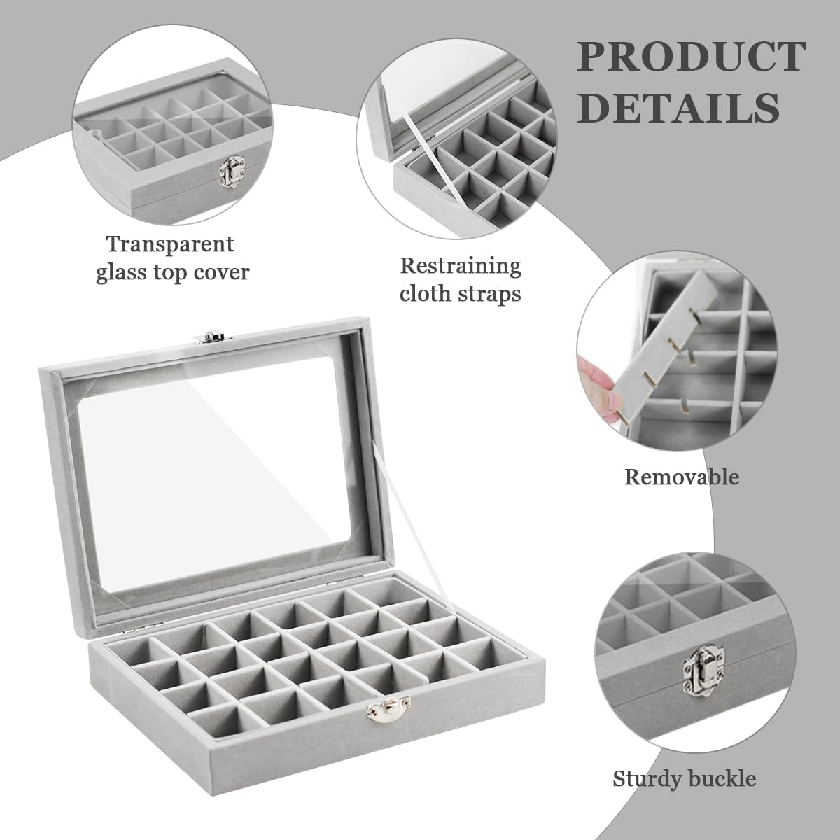 Coffret à Bijoux 24 Compartiments Avec Couvercle Transparent – Plateau Élégant Gris Pour Bagues, Colliers & Boucles D’Oreilles