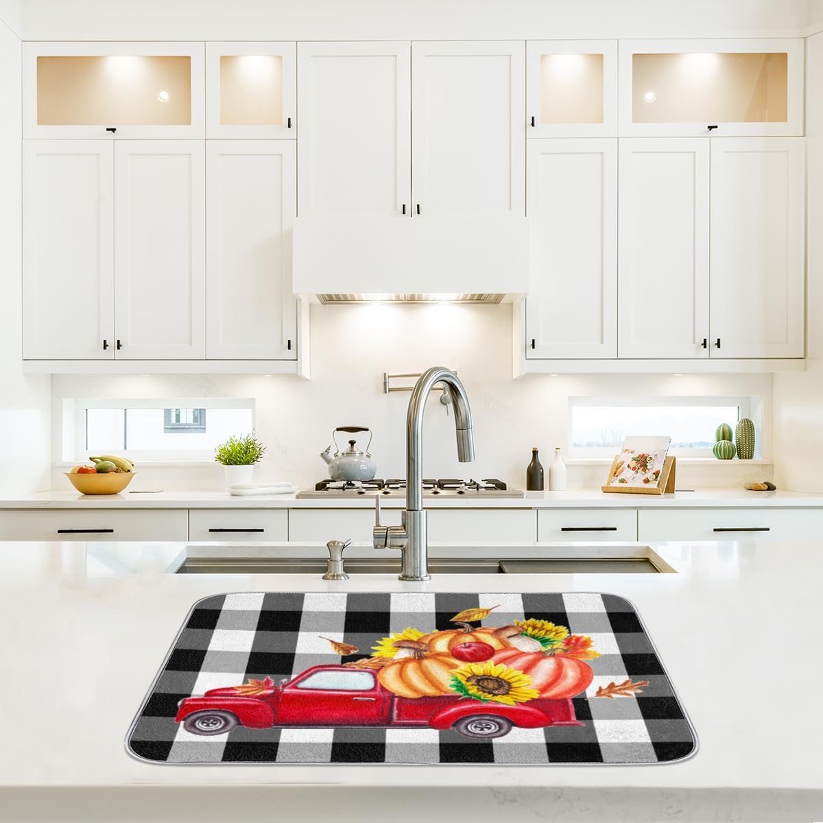 Thanksgiving Dish Drying Mat for Kitchen Counter Autumn Pumpkin Harvest Red Truck Absorbent Drying Pad Countertop Dishes Drainer Mats Washable Coffee Bar Mats 18x24 Inch