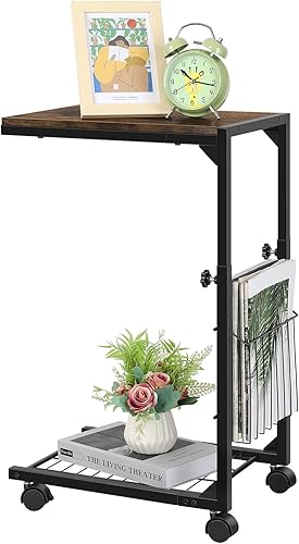 Mesa auxiliar en forma de C con ruedas para espacios pequeños, mesa C de altura ajustable, sofá, portátil, mesas de aperitivos que se deslizan